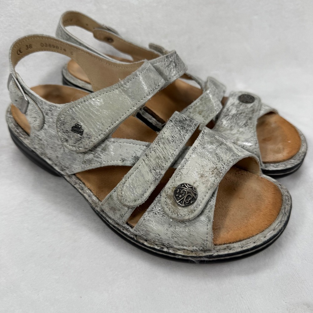 Finn Comfort Sandals Leather Comfort Adjustable Straps Silver EU 38 US 7